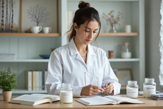 Nutritionniste comparant deux poudres cristallines dans un laboratoire de recherche en nutrition — xylitol et xyphanol