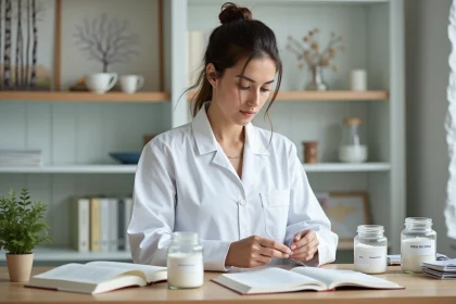 Nutritionniste comparant deux poudres cristallines dans un laboratoire de recherche en nutrition — xylitol et xyphanol