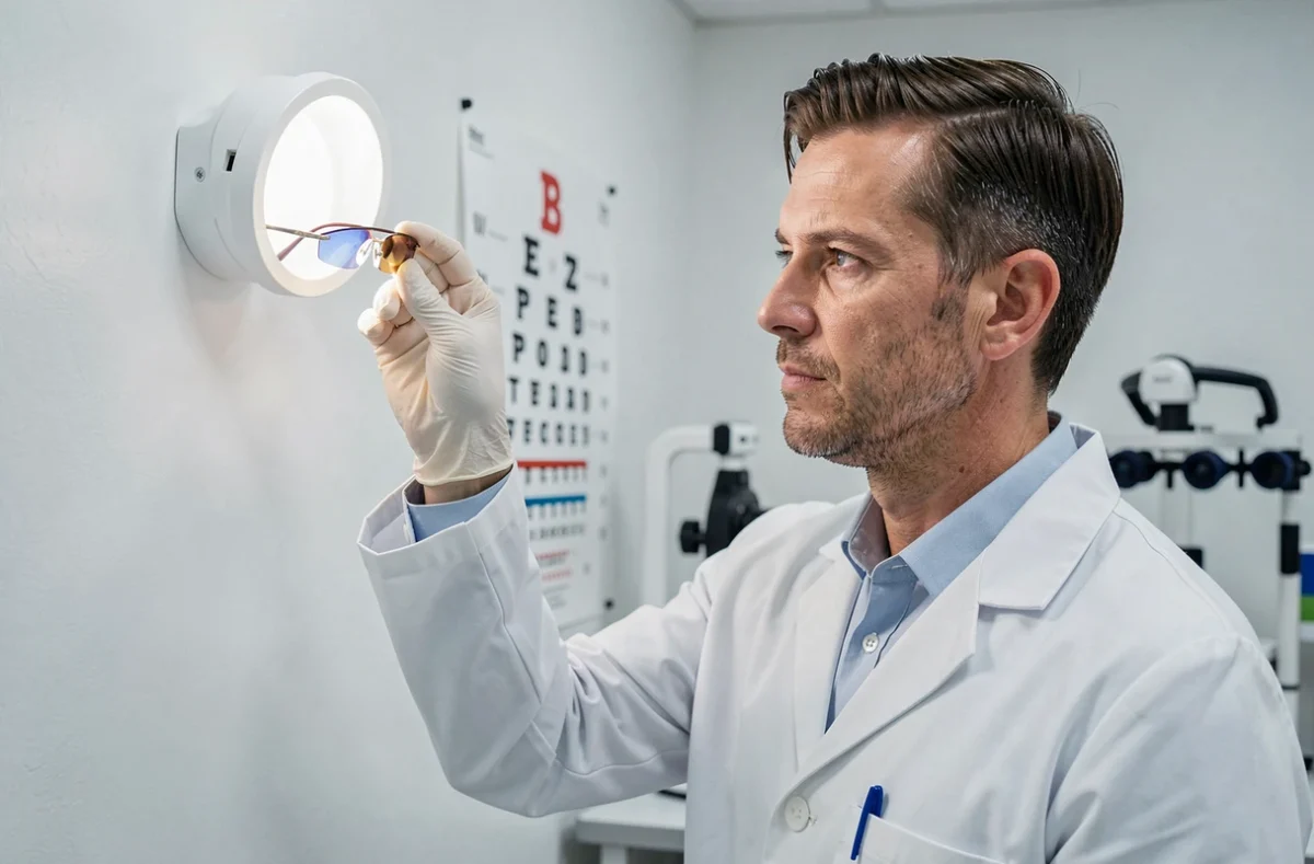 Opticien professionnel inspectant un verre progressif ZEISS en cabinet optométrique