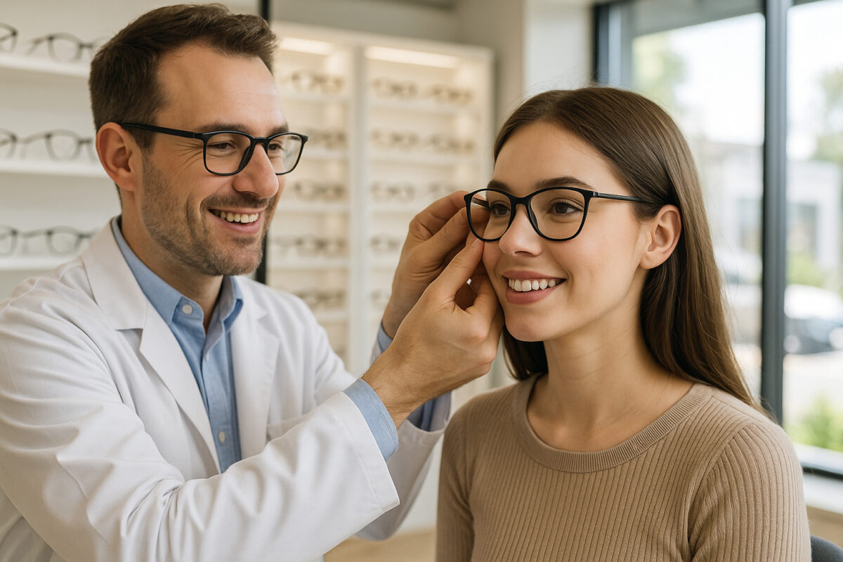 Opticien ajustant des lunettes d'une jeune femme dans un magasin moderne