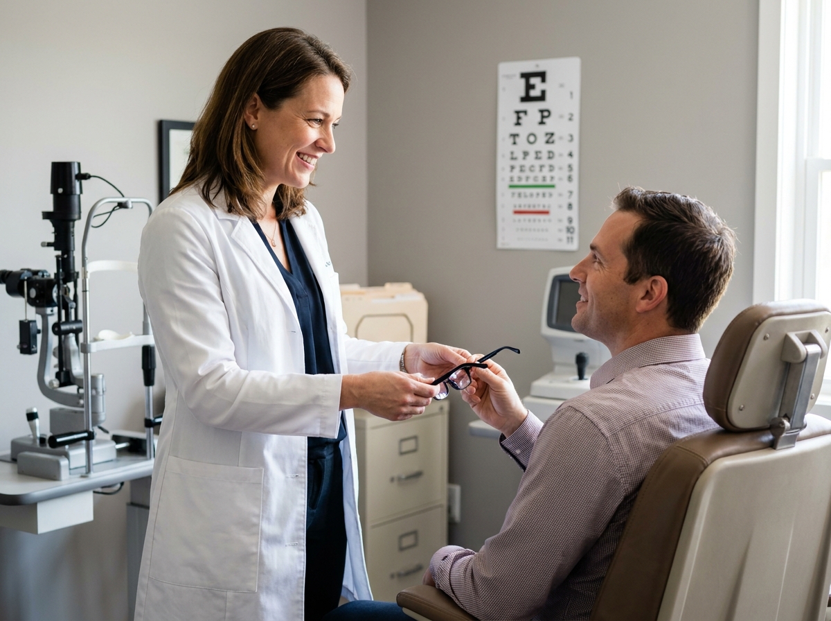 Opticienne remettant une paire de lunettes de vue à un patient dans un cabinet ophtalmologique