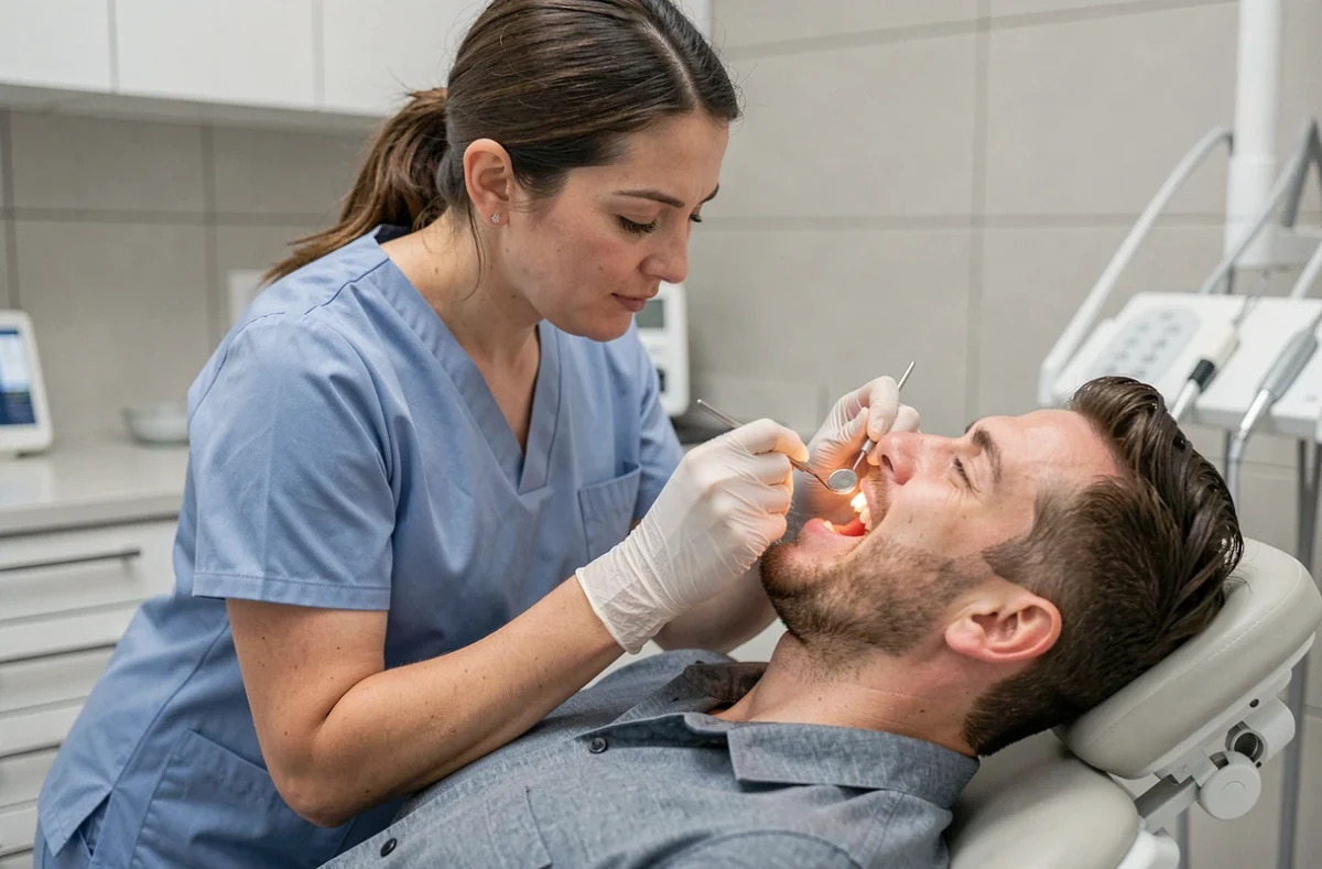 Orthodontiste examinant la gencive d'un patient adulte pour détecter une dent incluse ou mal positionnée