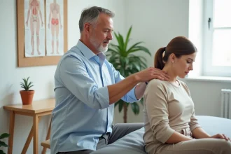 Ostéopathe réalisant une manipulation cervicale douce sur une patiente dans un cabinet de consultation moderne et épuré