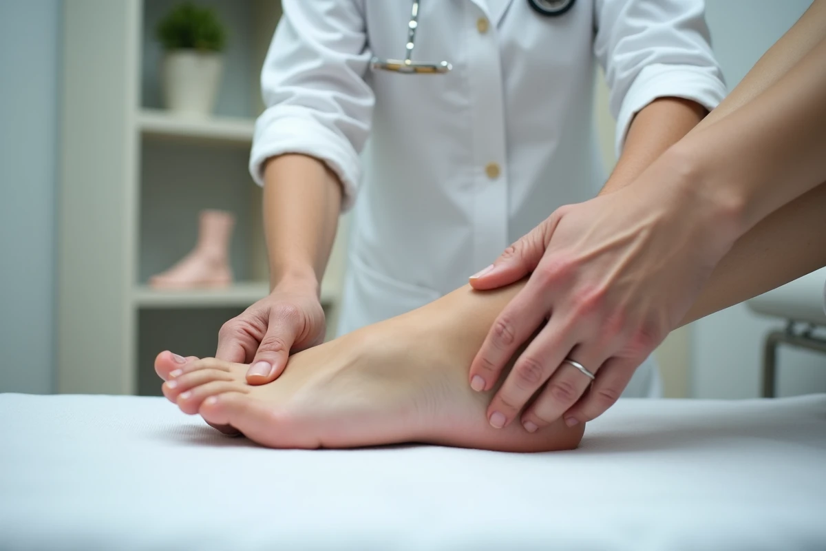 Gros plan sur un kinésithérapeute palpant le côté extérieur de la cheville et du pied gauche d'une patiente sur une table de massage