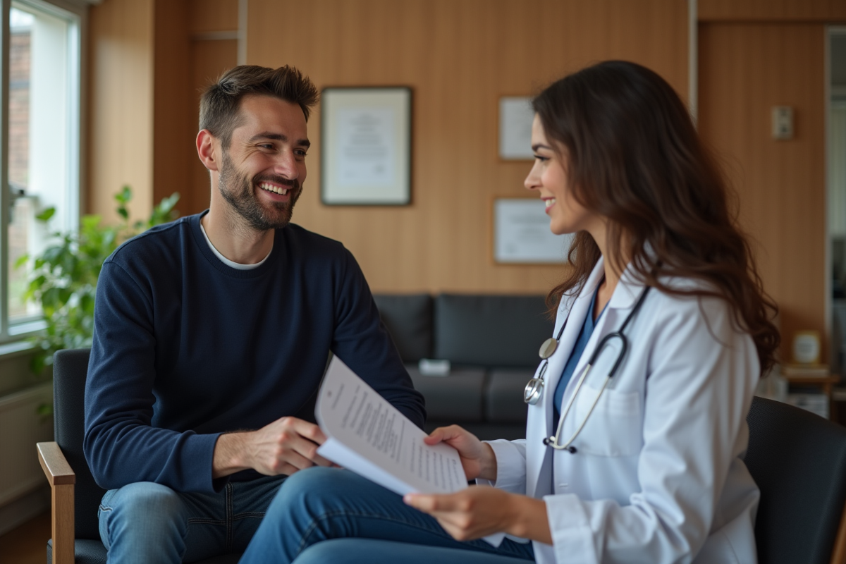 Jeune père avec médecin dans un cabinet médical accueillant