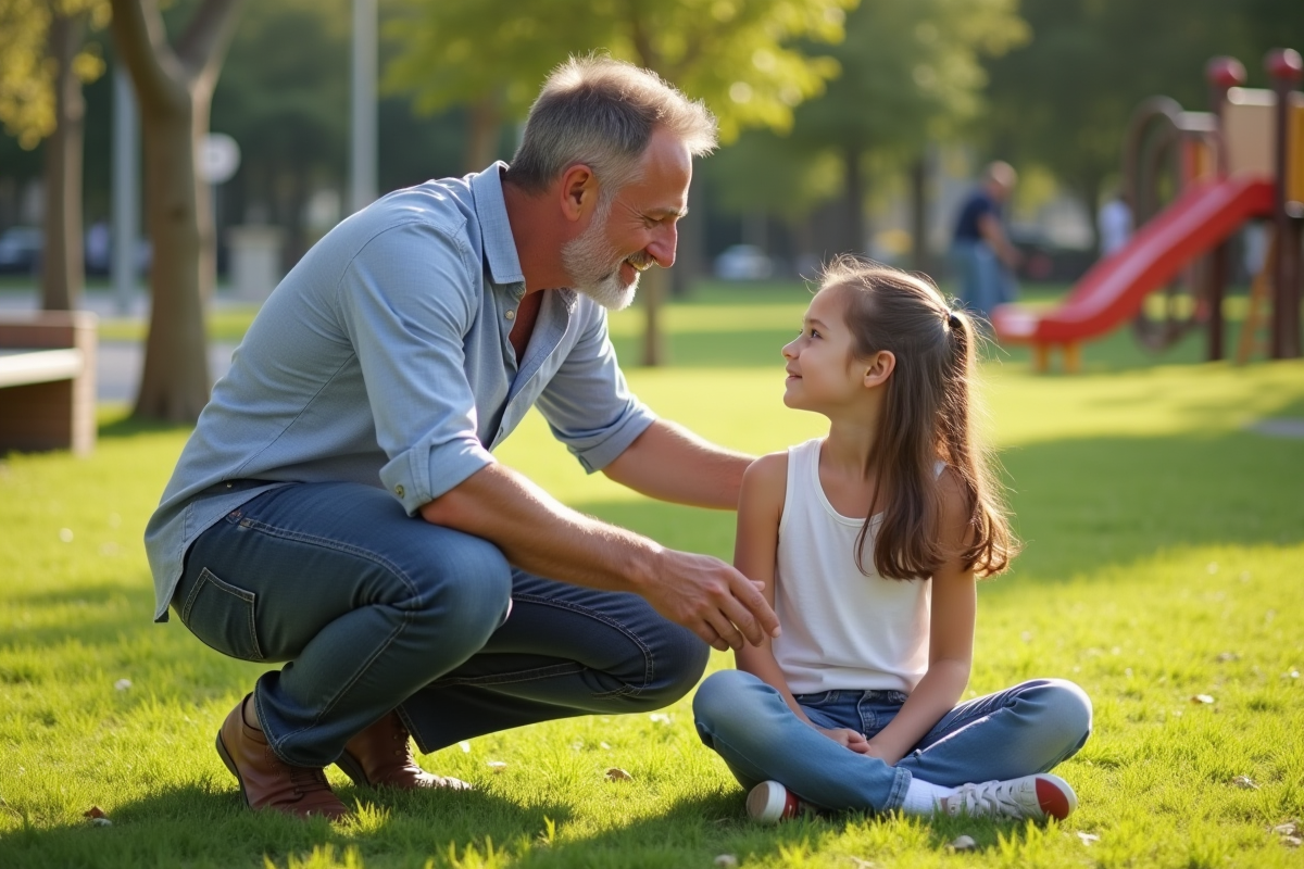 Père et fille assis dans un parc ensoleille avec jeux en arrière-plan