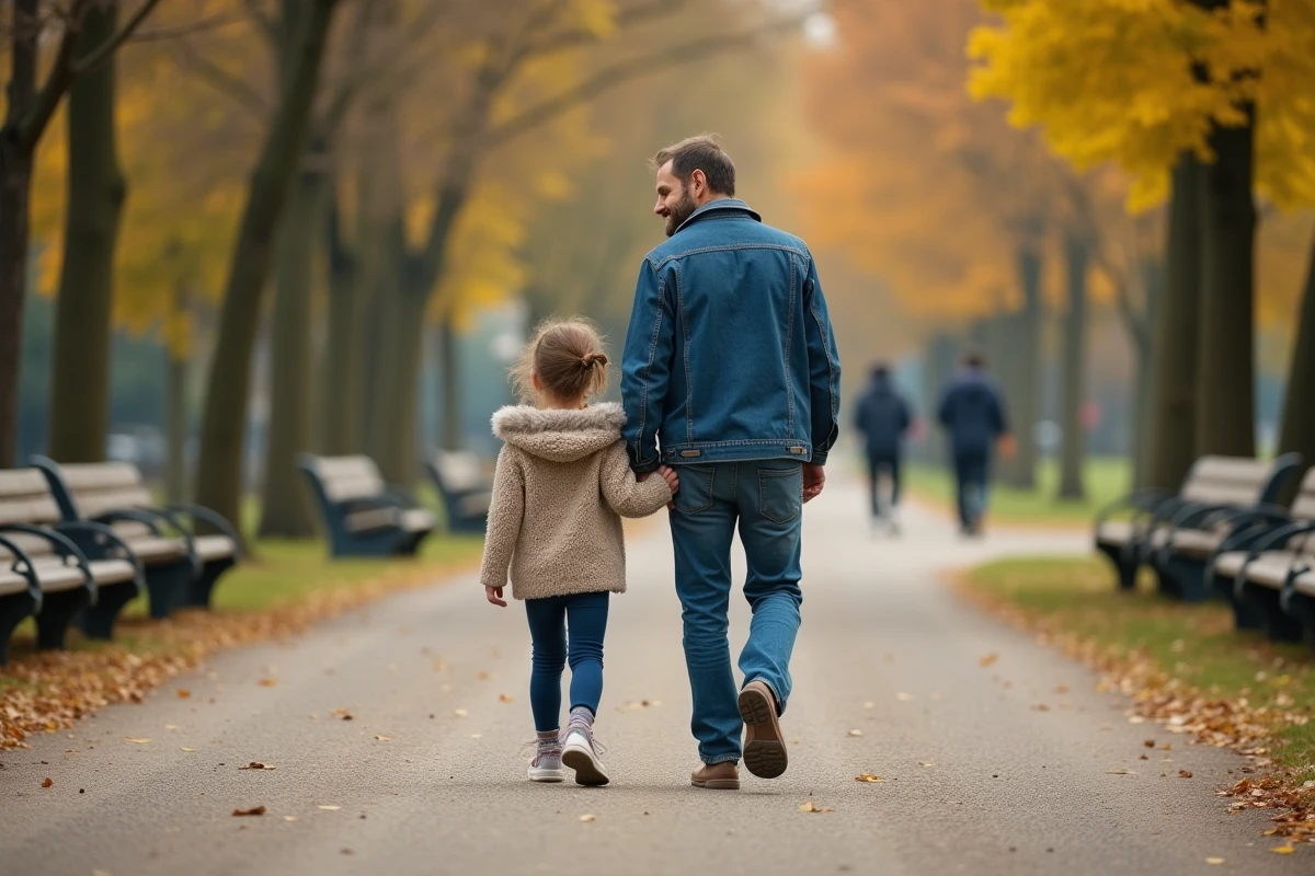 Père et fille souriant en se promenant dans un parc