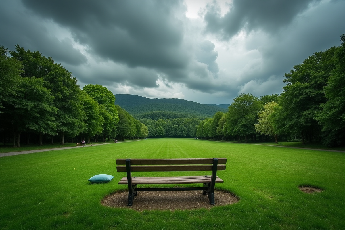 Parc vert avec banc et nuages orageux