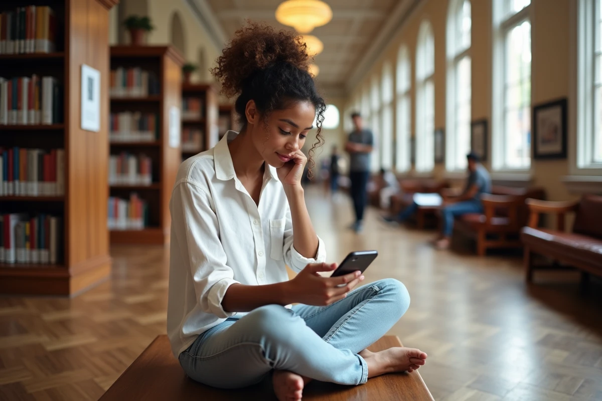Jeune femme parcourant un magazine en ligne sur smartphone dans une bibliothèque publique