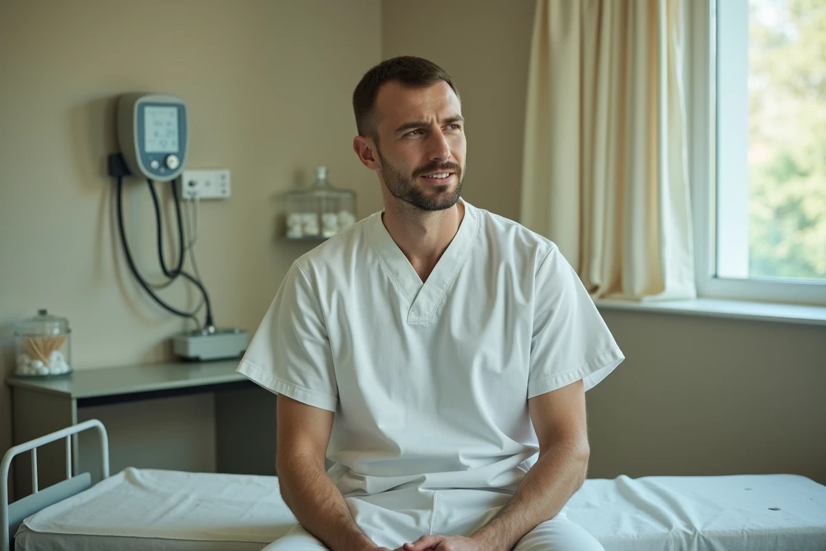 Patient masculin assis sur une table d'examen médicale attendant une consultation pour ganglions inguinaux enflés