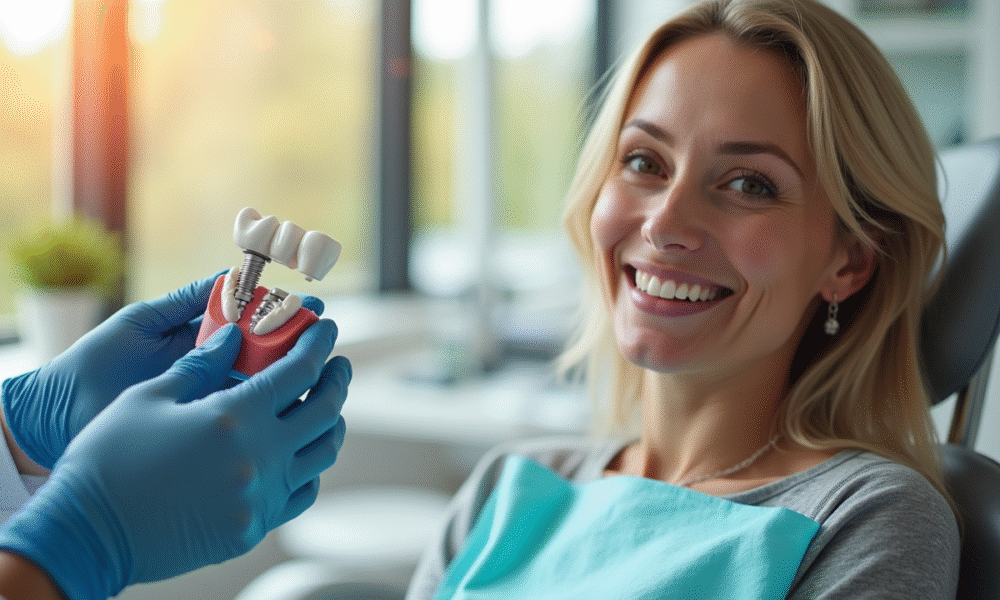 Patient souriant dans une clinique dentaire moderne avec implant
