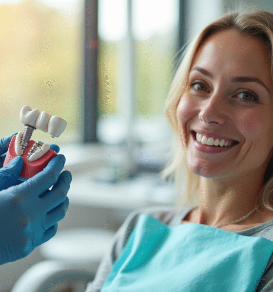 Patient souriant dans une clinique dentaire moderne avec implant
