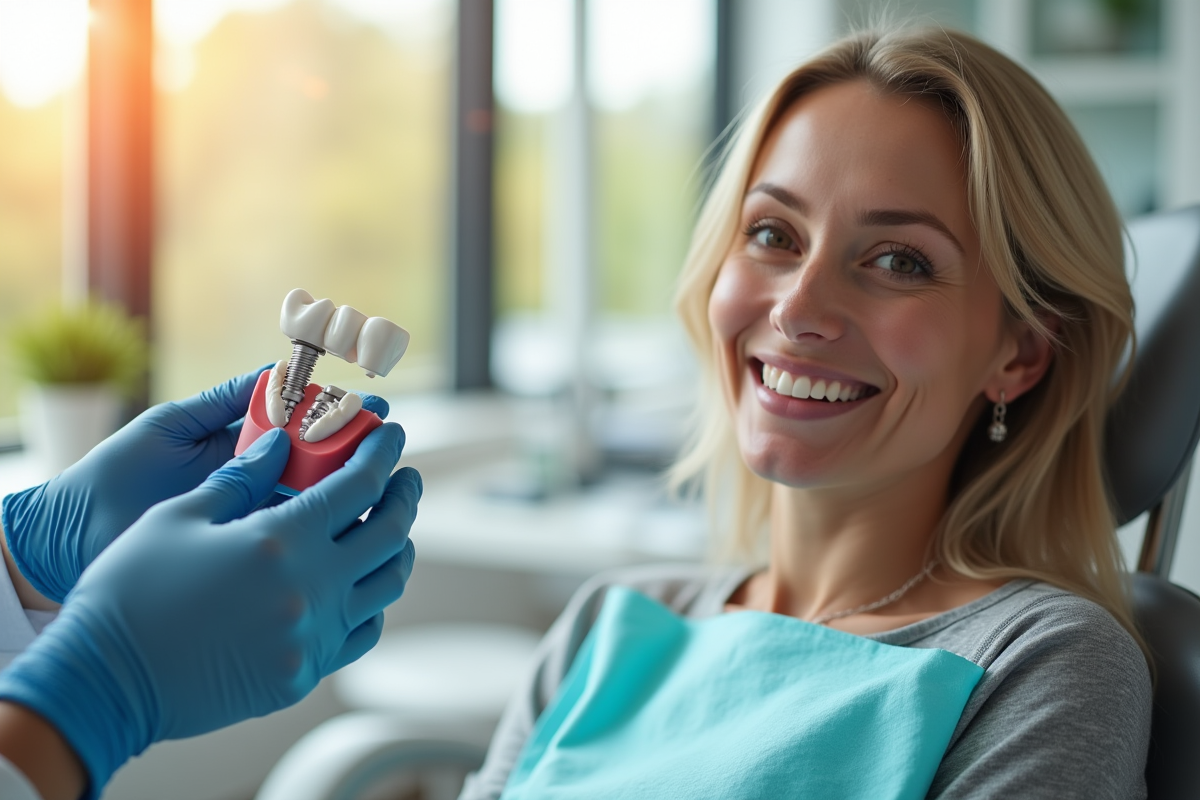 Patient souriant dans une clinique dentaire moderne avec implant