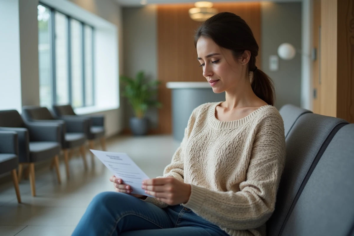 Patiente lisant son ordonnance en salle d'attente avant un contrôle sanguin du taux de SGPT