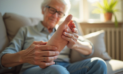 Senior examinant ses pieds propres sur un sofa lumineux