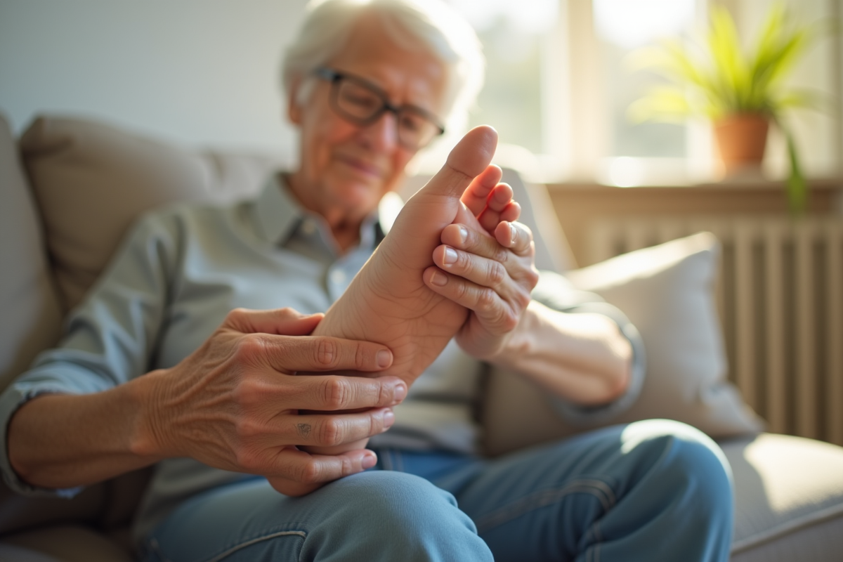Senior examinant ses pieds propres sur un sofa lumineux