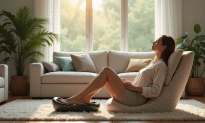 Personne utilisant un massager de pied dans un salon lumineux