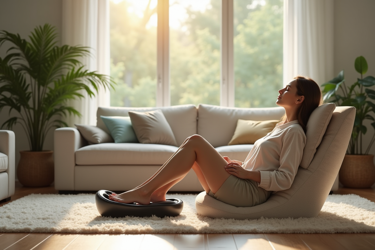 Personne utilisant un massager de pied dans un salon lumineux