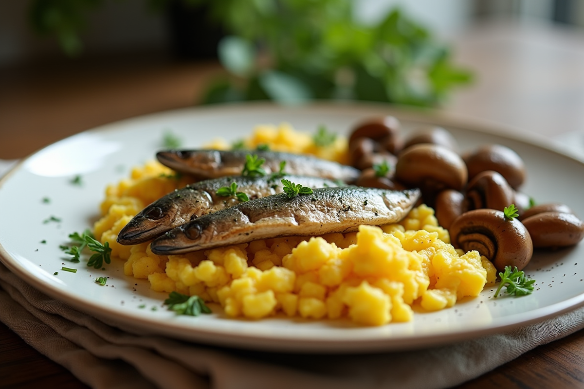 Assiette de petit déjeuner avec œufs et champignons
