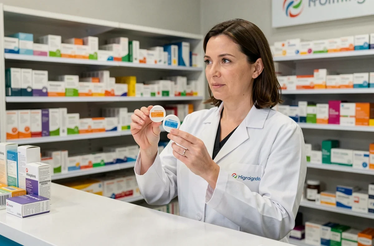 Pharmacienne en blouse blanche présentant deux modèles de bonnets anti-migraine dans une pharmacie moderne