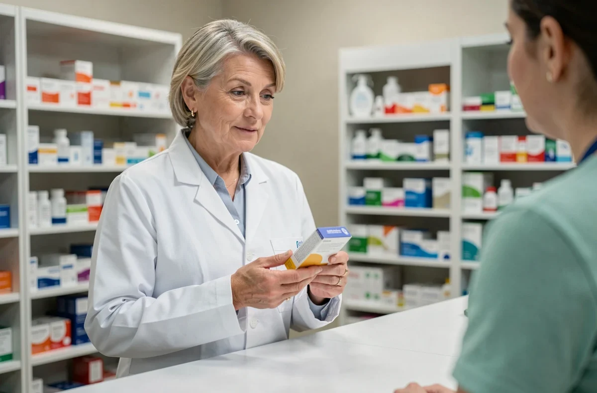Pharmacienne présentant un complément alimentaire pour les problèmes urinaires à une cliente en officine