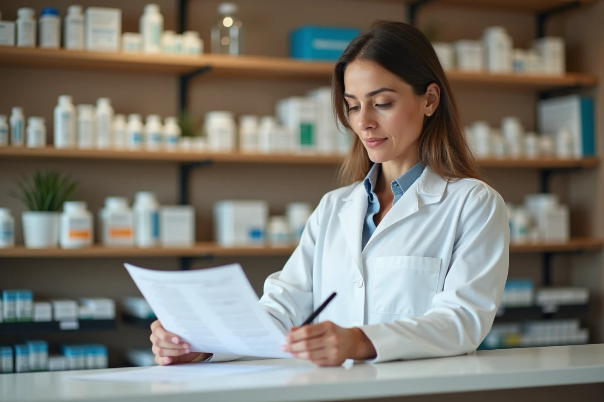 Pharmacienne vérifiant une liste de médicaments susceptibles d'affecter le taux d'ALAT SGPT