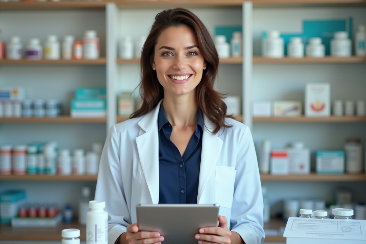 Pharmacienne avec médicaments dans une pharmacie