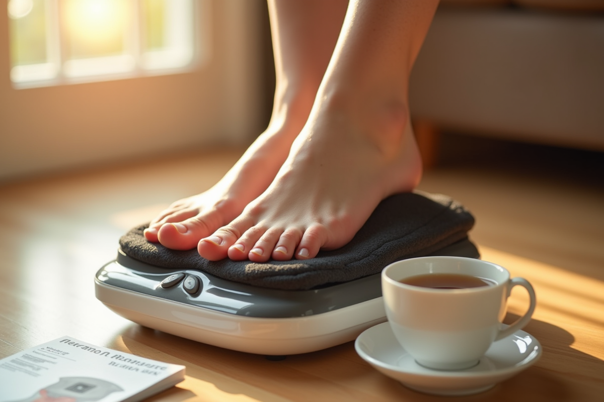 Détail des pieds sur un appareil de massage avec tisane
