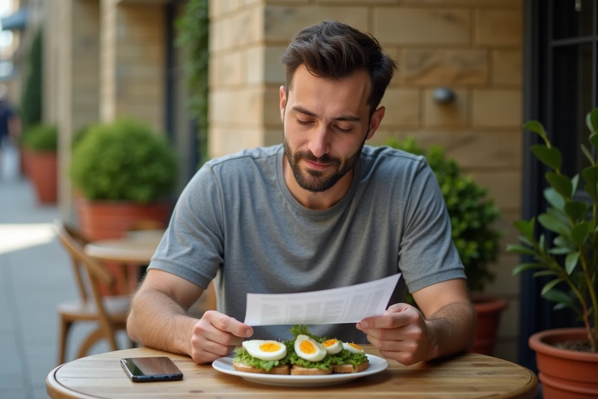 Homme consultant un plan de repas minceur en terrasse devant un déjeuner sain et équilibré