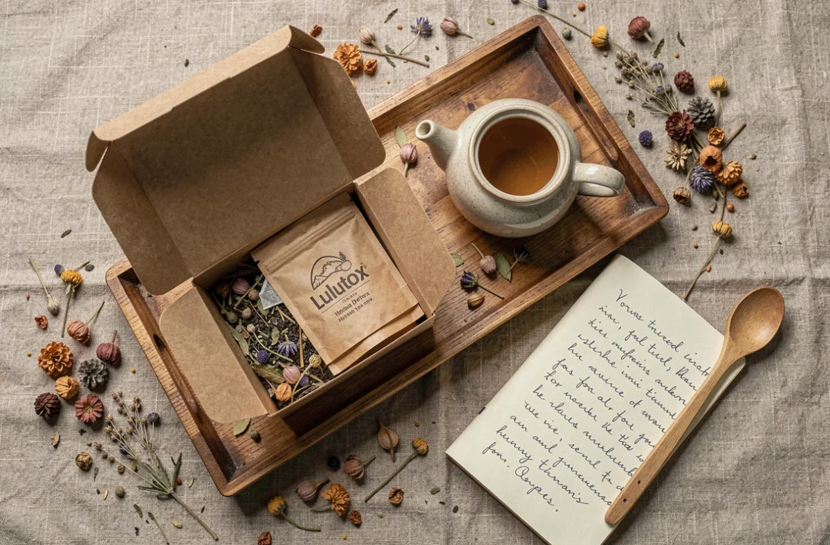 Plateau en bois avec du thé détox en sachets, herbes séchées et carnet bien-être, représentant les ingrédients naturels du thé Lulutox disponible en pharmacie