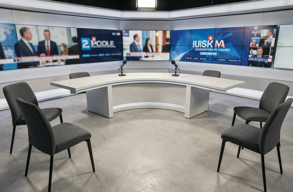 Plateau de télévision français vide, évoquant l'univers médiatique et les débats autour des rumeurs sur la santé de personnalités publiques