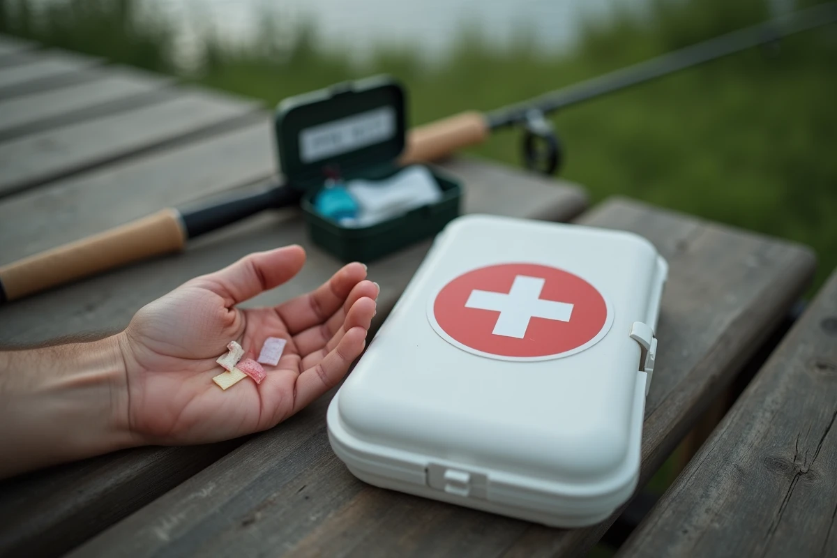 Trousse de premiers secours ouverte pour traiter une morsure de brochet sur la main