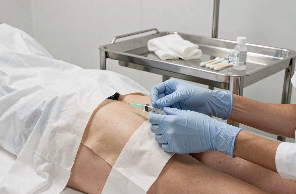 Gros plan sur les mains d'un médecin préparant une infiltration de la hanche en salle de soin stérile