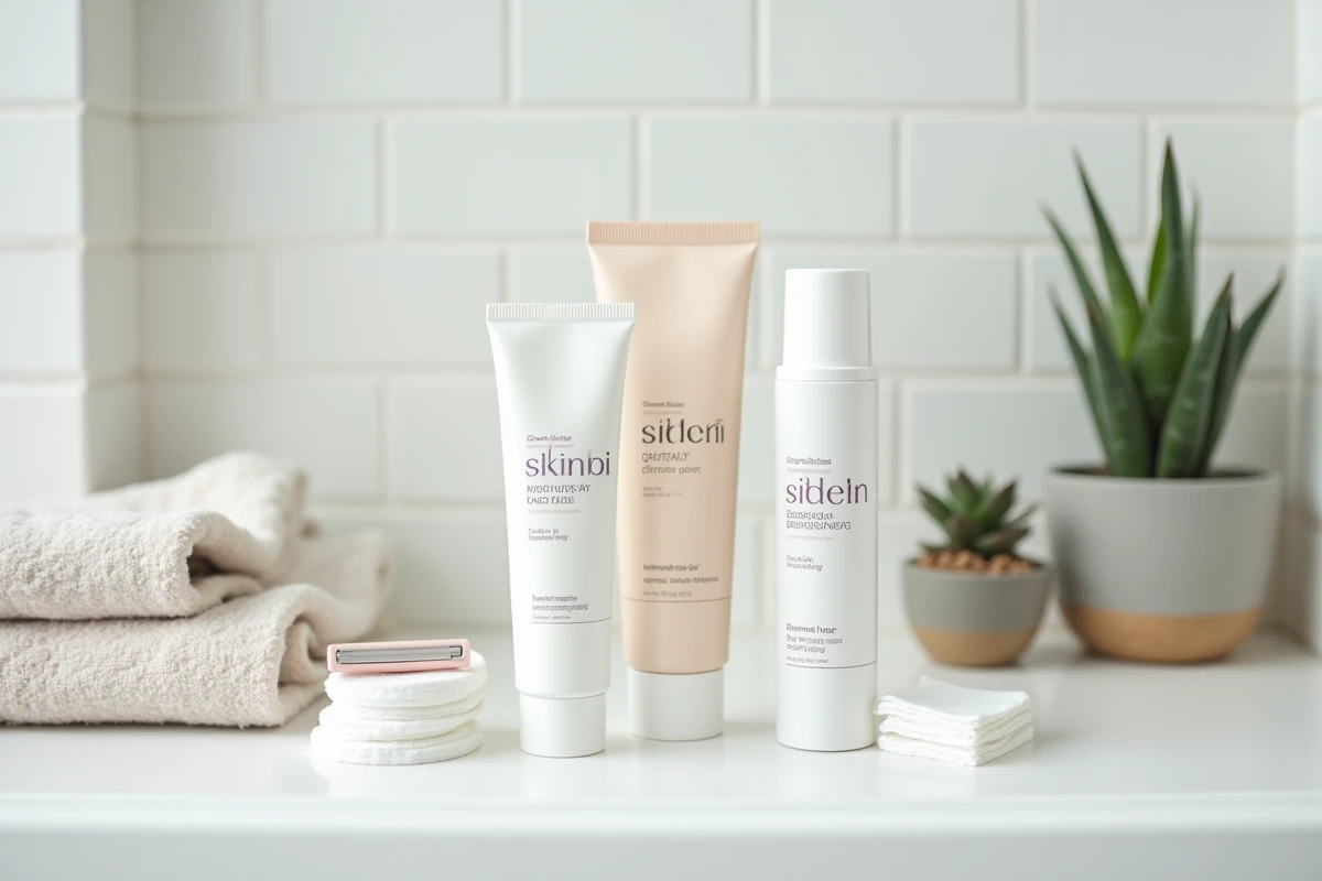 Produits de soin pour prévenir les poils incarnés du maillot disposés sur une étagère de salle de bain
