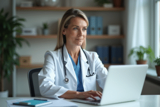 Infirmière en blouse blanche utilisant un ordinateur dans un bureau médical