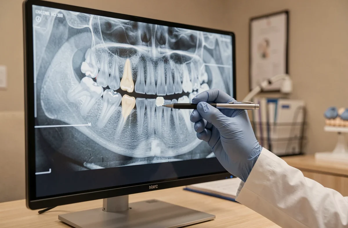 Radiographie panoramique affichée sur écran montrant une dent incluse dans la gencive d'un adulte