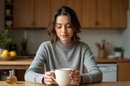 Femme tenant une tasse de thé au miel et citron pour soulager une quinte de toux