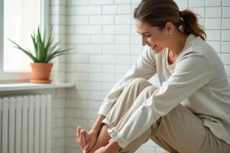 Femme appliquant un gel d'aloe vera naturel sur la plante du pied pour soulager une brûlure, assise dans une salle de bain minimaliste