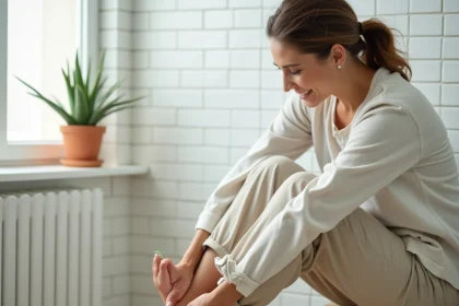 Femme appliquant un gel d'aloe vera naturel sur la plante du pied pour soulager une brûlure, assise dans une salle de bain minimaliste