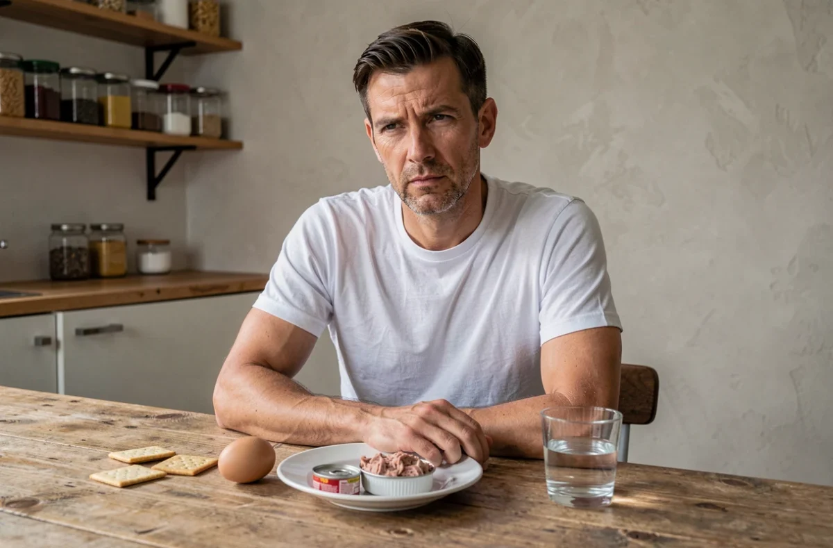Homme assis devant un repas frugal typique du régime militaire, avec œuf dur, thon et crackers sur une table en bois
