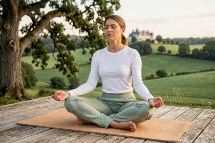 Femme en posture de méditation sur un deck en bois lors d'une retraite de yoga en Centre-Val de Loire avec vue sur la vallée de la Loire