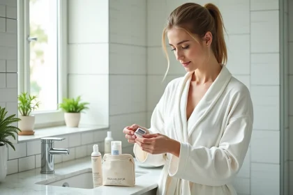 Femme en peignoir blanc préparant sa routine de rasage du maillot avec des produits de soin sur un comptoir en marbre