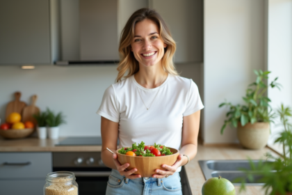 Femme souriante préparant une salade colorée dans la cuisine