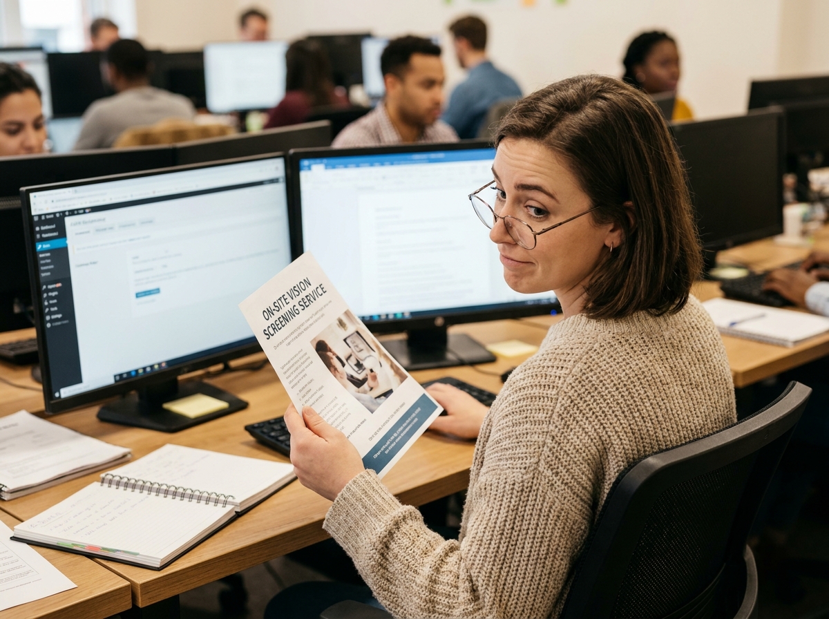 Femme au bureau découvrant un flyer sur un service de contrôle visuel disponible à proximité de son lieu de travail