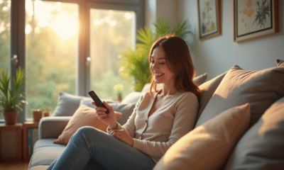 Salon moderne lumineux avec femme souriante et télécommande purificateur
