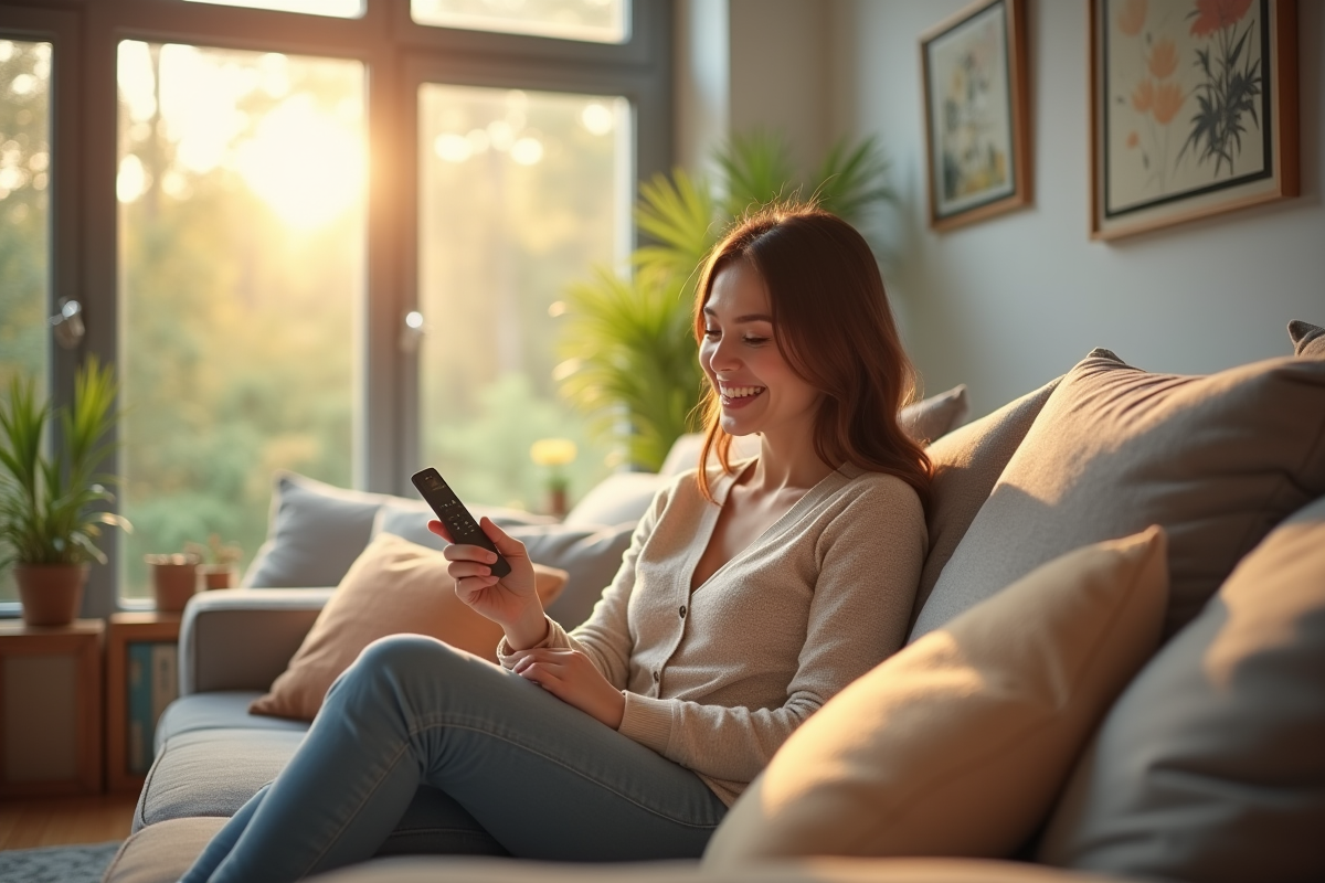 Salon moderne lumineux avec femme souriante et télécommande purificateur