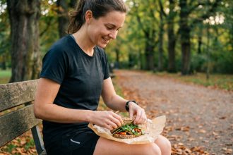Sportive mangeant un sandwich maison après un jogging dans un parc en automne