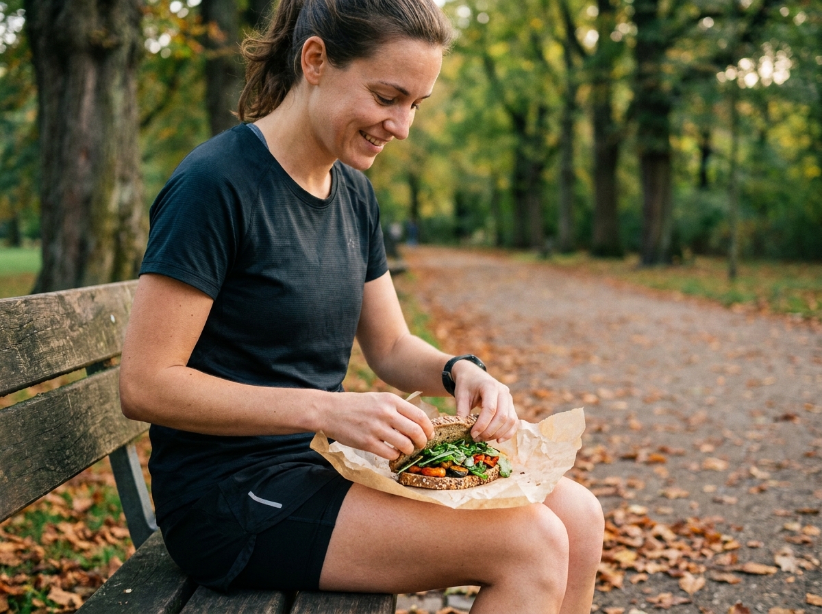 Sportive mangeant un sandwich maison après un jogging dans un parc en automne