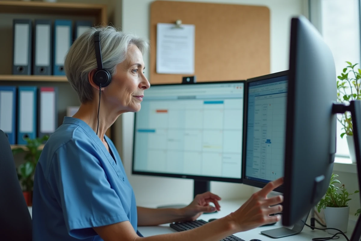 Secrétaire médicale utilisant un logiciel de gestion d'agenda médical sur double écran dans un bureau administratif de cabinet