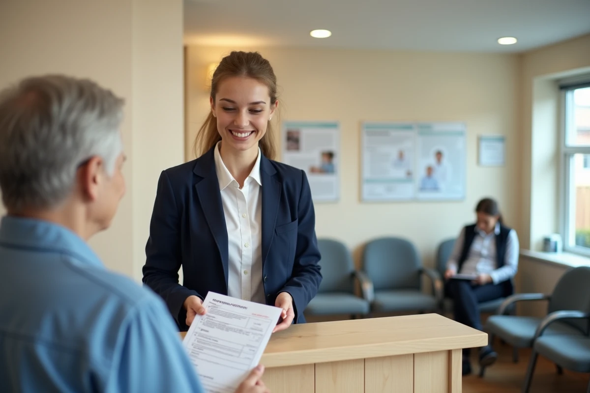 Secrétaire médicale remettant un document de rendez-vous à un patient senior à l'accueil d'un cabinet de médecine générale